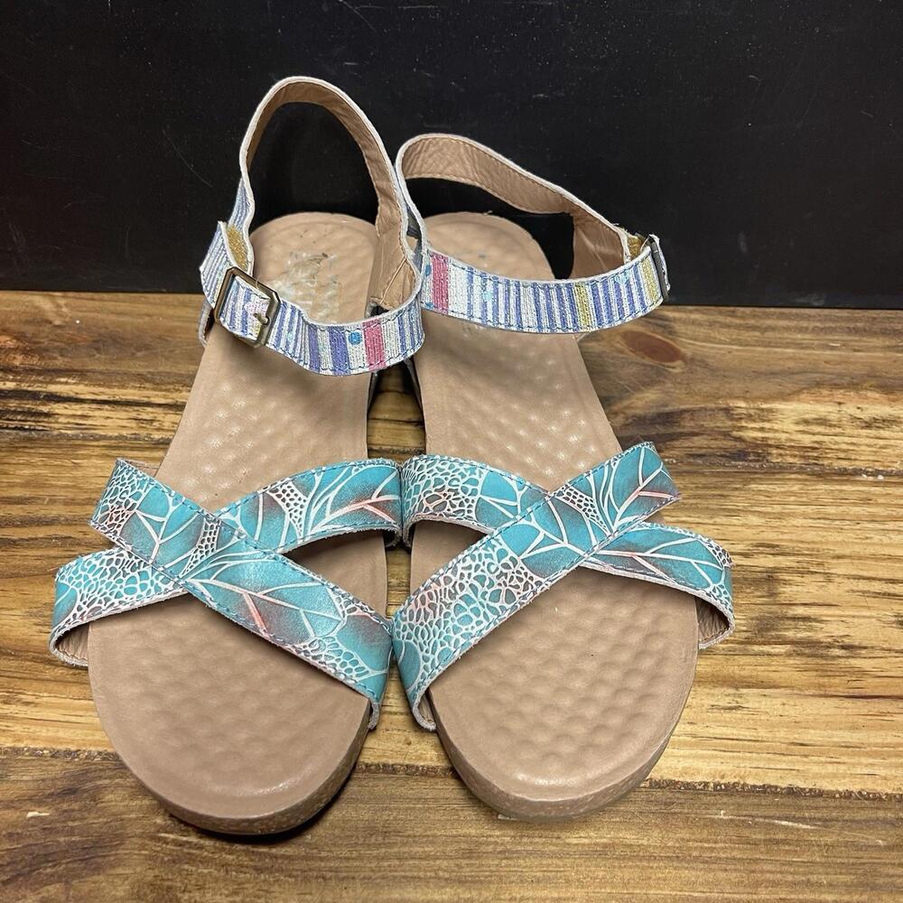 L'Artiste by Spring Step Women' Leather Vella Comfort Wedge Sandals Blue Size 41 - Picture 2 of 7